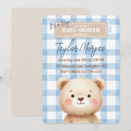Invitación Blue Gingham Teddy Bear