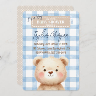 Invitación Blue Gingham Teddy Bear