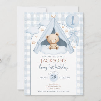 Invitación Blue Gingham Teddy Bear Balloon Boy 1st Birthday
