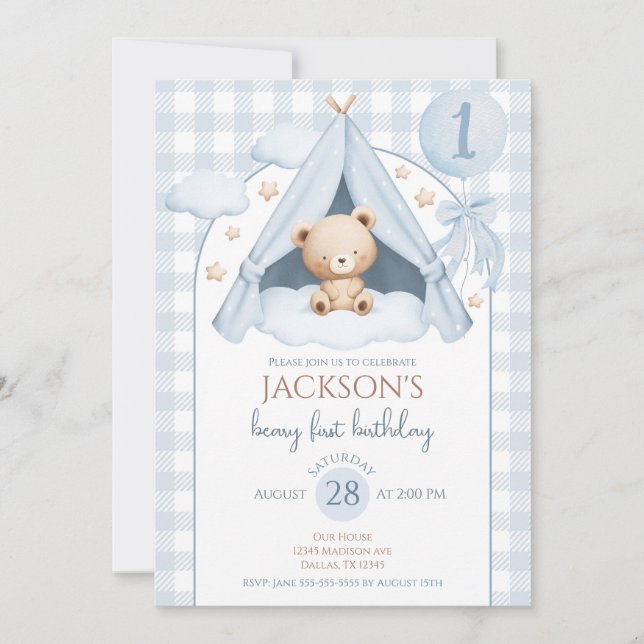 Invitación Blue Gingham Teddy Bear Balloon Boy 1st Birthday (Anverso)