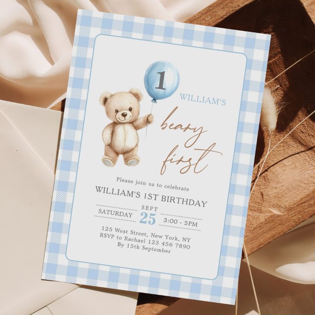 Invitación Blue Gingham Teddy Bear Balloon Boy 1st Birthday (Subido por el creador)