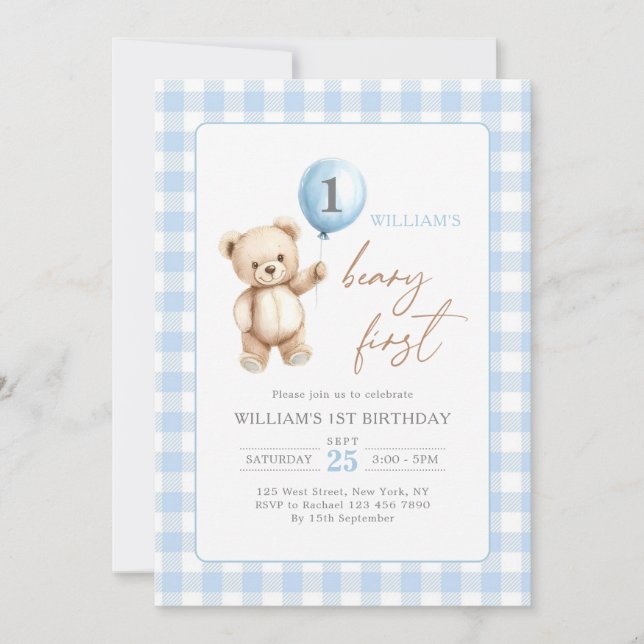 Invitación Blue Gingham Teddy Bear Balloon Boy 1st Birthday (Anverso)