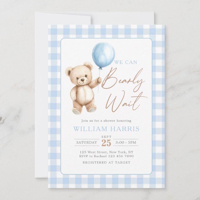 Invitación Blue Gingham Teddy Bear Balloon Boy Baby Shower (Anverso)