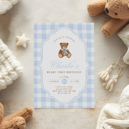 Invitación Blue Gingham Teddy Bear Beary First Birthday