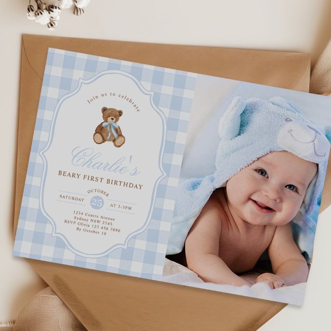 Invitación Blue Gingham Teddy Bear Beary First Birthday Photo (Subido por el creador)