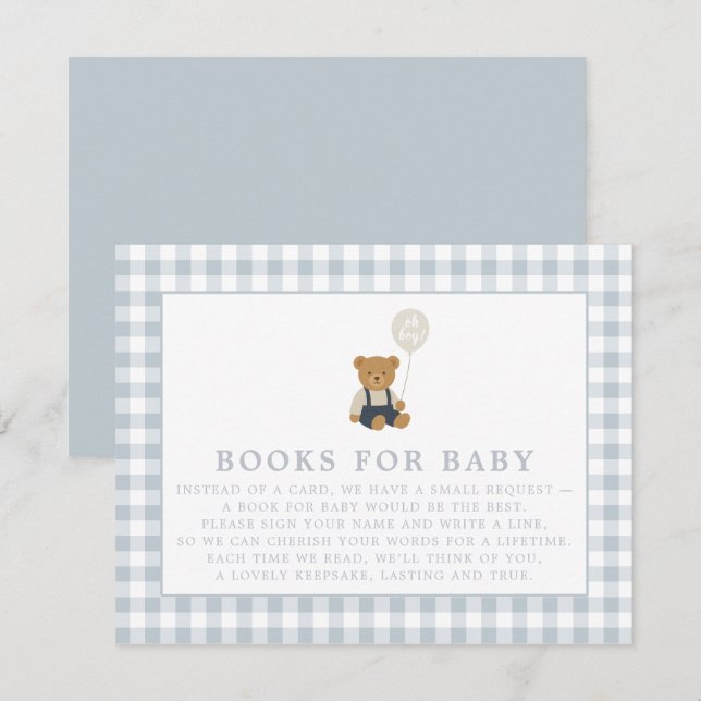 Invitación Blue Gingham Teddy Bear Books para bebé (Anverso / Reverso)