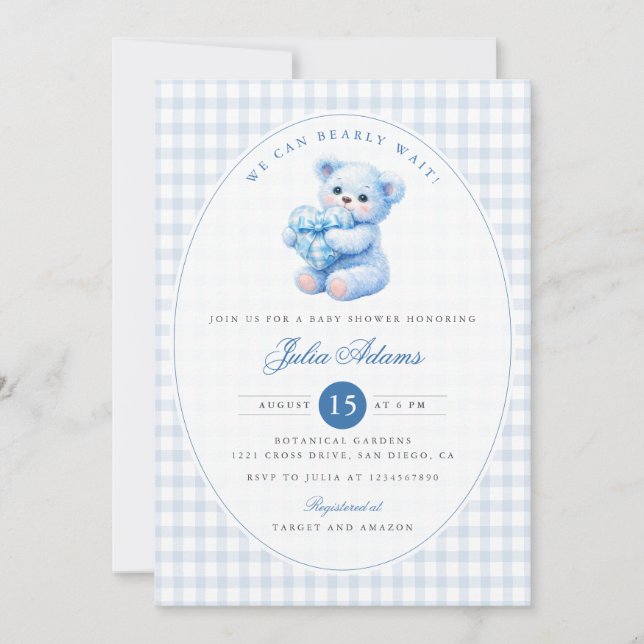 Invitación Blue Gingham Teddy Bear Neutral Baby Shower (Anverso)