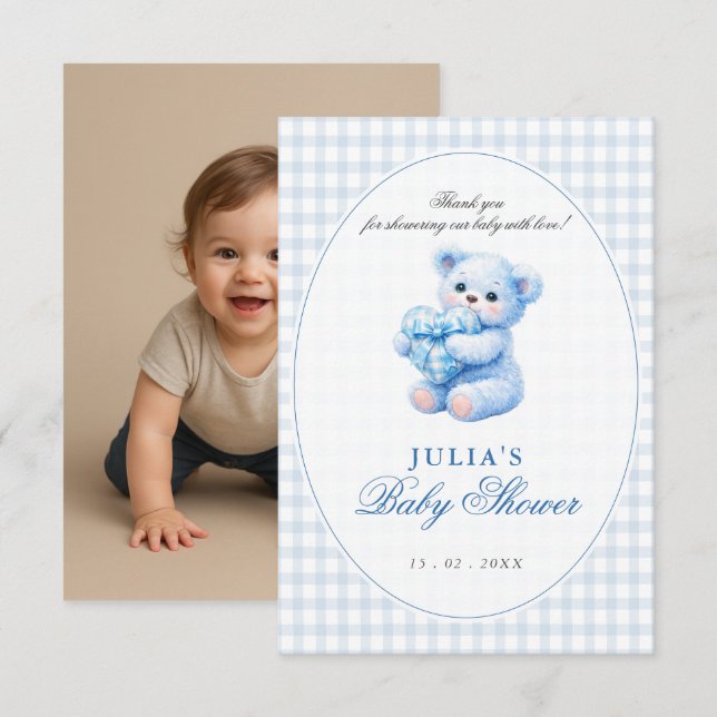 Invitación Blue Gingham Teddy Bear Neutral Baby Shower (Anverso / Reverso)