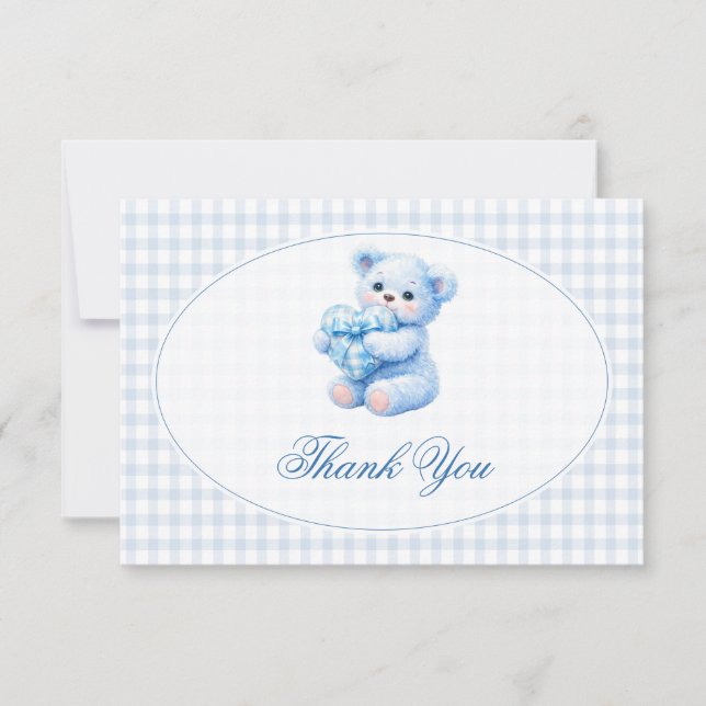 Invitación Blue Gingham Teddy Bear Neutral Baby Shower (Anverso)