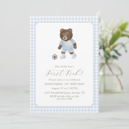 Invitación Blue Gingham Teddy Bear Soccer First Kick