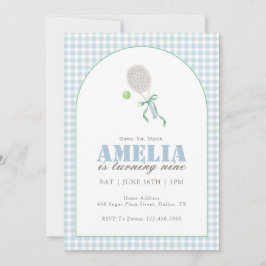 Invitación Blue Gingham Tennis 9th Birthday Party for Girls 