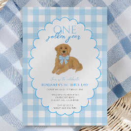 Invitación Blue Gingham Un Año Dorado Un Cachorro de Cumpleañ