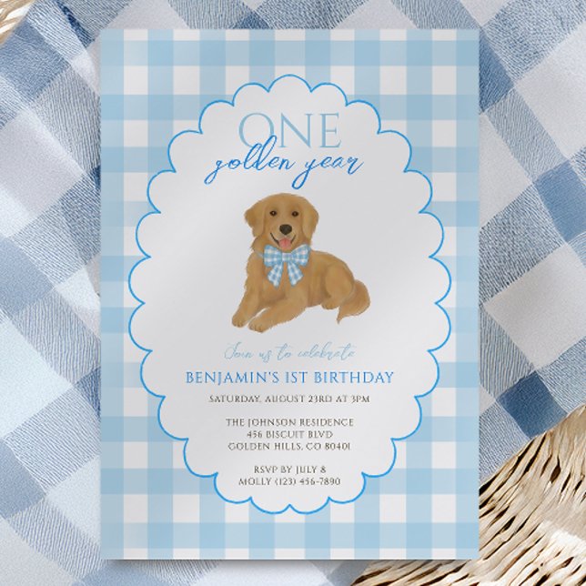 Invitación Blue Gingham Un Año Dorado Un Cachorro de Cumpleañ (Subido por el creador)