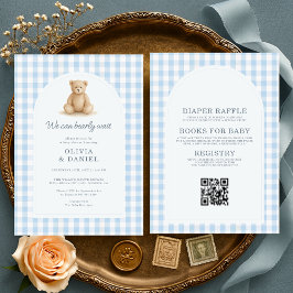 Invitación Blue Gingham We Can Bearly Wait All in One 