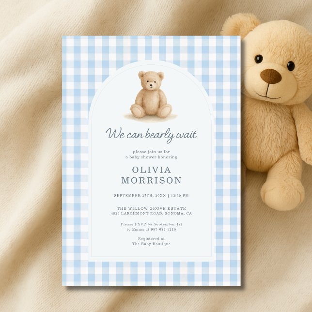 Invitación Blue Gingham We Can Bearly Wait Baby Shower (Subido por el creador)