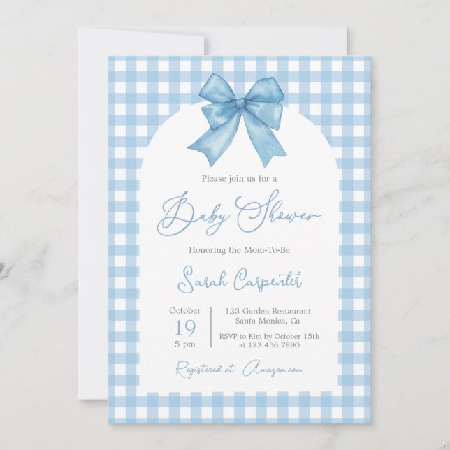 Invitación Blue Gingham y Bow Baby Shower Boy (Anverso)