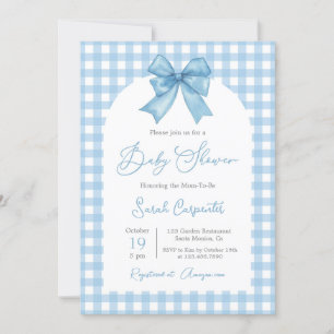 Invitación Blue Gingham y Bow Baby Shower Boy