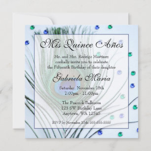Invitación Blue Glam Peacock Feather Quinceanera Cumpleaños