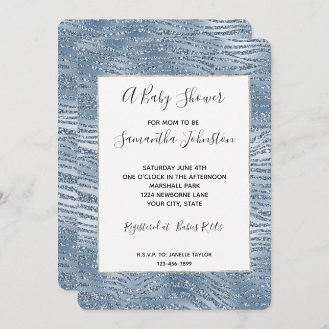 Invitación Blue Glam Purpurina Zebra Print Baby Shower (Anverso / Reverso)
