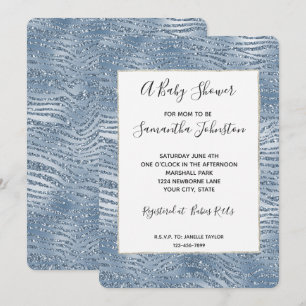 Invitación Blue Glam Purpurina Zebra Print Baby Shower