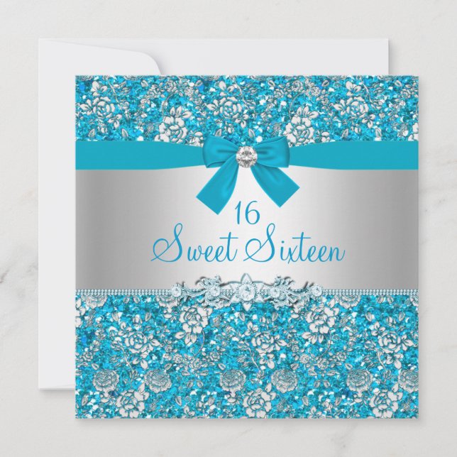 Invitación Blue Glitter & Bow Sweet Sixteen (Anverso)