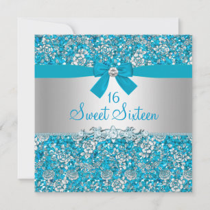 Invitación Blue Glitter & Bow Sweet Sixteen