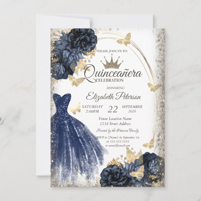 Invitación Blue Glitter Dress,Roses,Butterflies Quinceañera (Anverso)