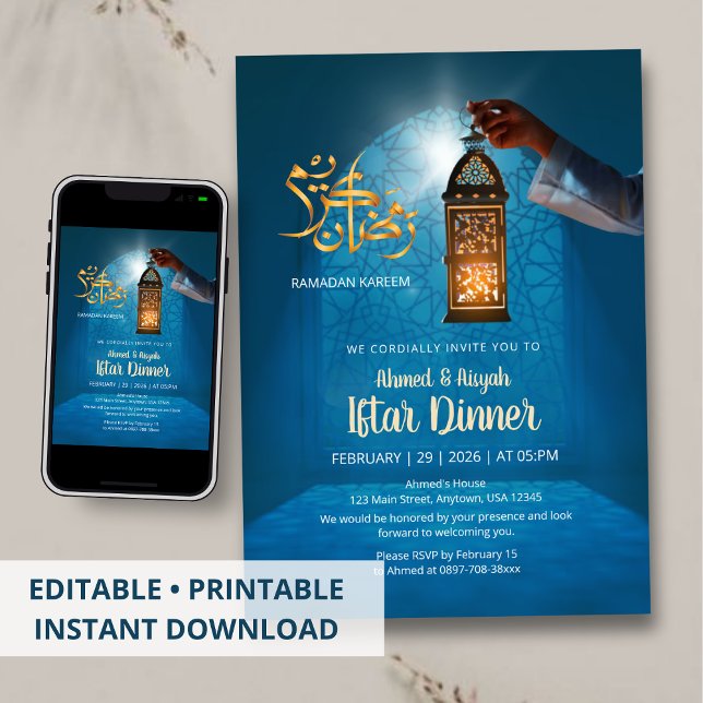 Invitación Blue Glow Ramadan with Golden Lantern Iftar (Subido por el creador)