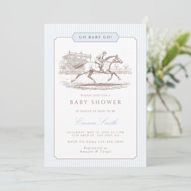 Invitación Blue Go Baby Go Derby Baby Shower Preppy Classic  (Anverso de pie)