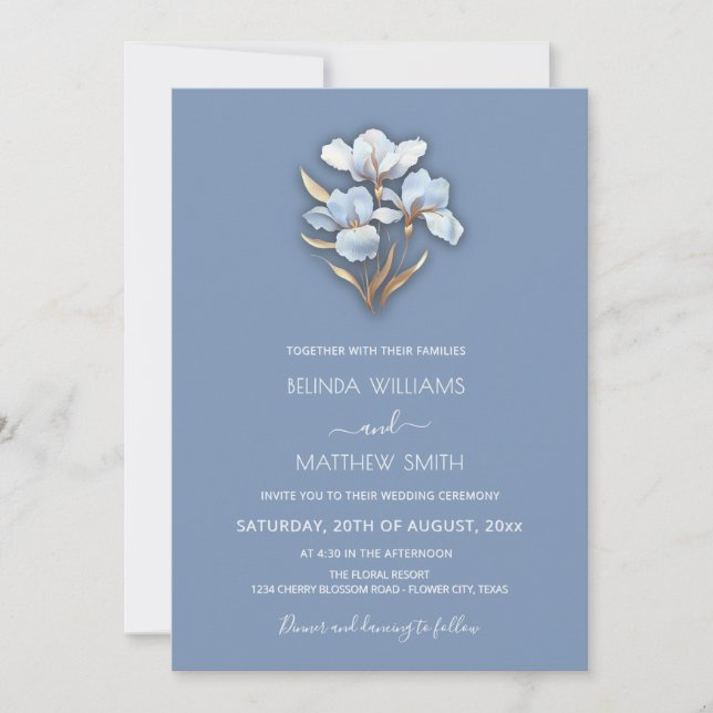 Invitación Blue Gold 3D Flowers  (Anverso)