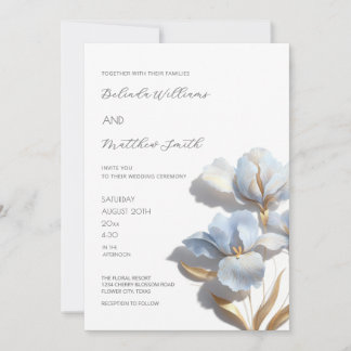 Invitación Blue Gold 3D Flowers White