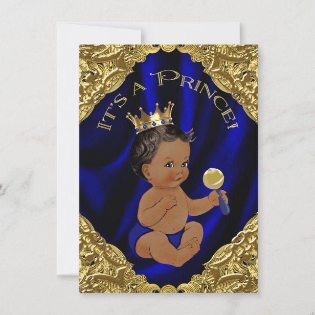 Invitación Blue Gold African American Prince Baby Shower (Anverso)