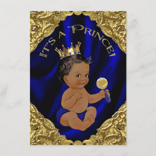 Invitación Blue Gold African American Prince Baby Shower