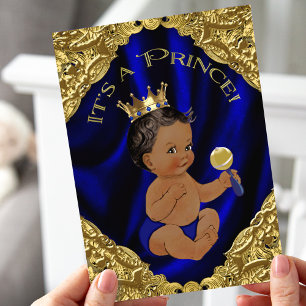 Invitación Blue Gold African American Prince Baby Shower