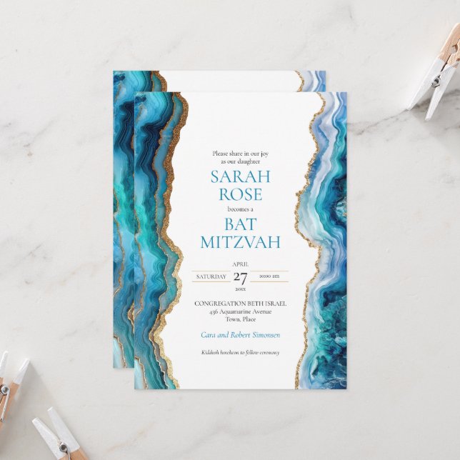 Invitación Blue Gold Agata Bar o Bat Mitzvah (Anverso/Reverso In Situ)