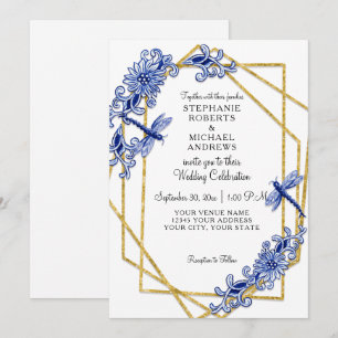 Invitación Blue Gold Asian Dragonfly China Floral Watercolor