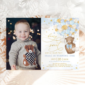 Invitación Blue Gold Bear Hot Air Balloon Boy 1º cumpleaños