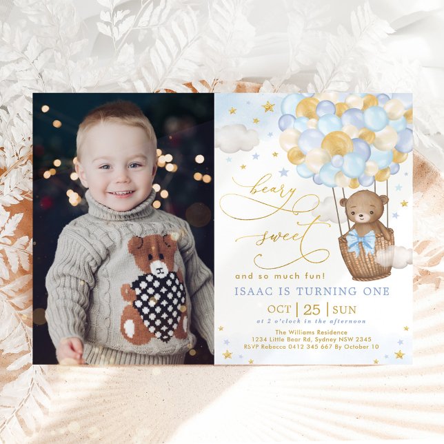 Invitación Blue Gold Bear Hot Air Balloon Boy 1º cumpleaños (Subido por el creador)