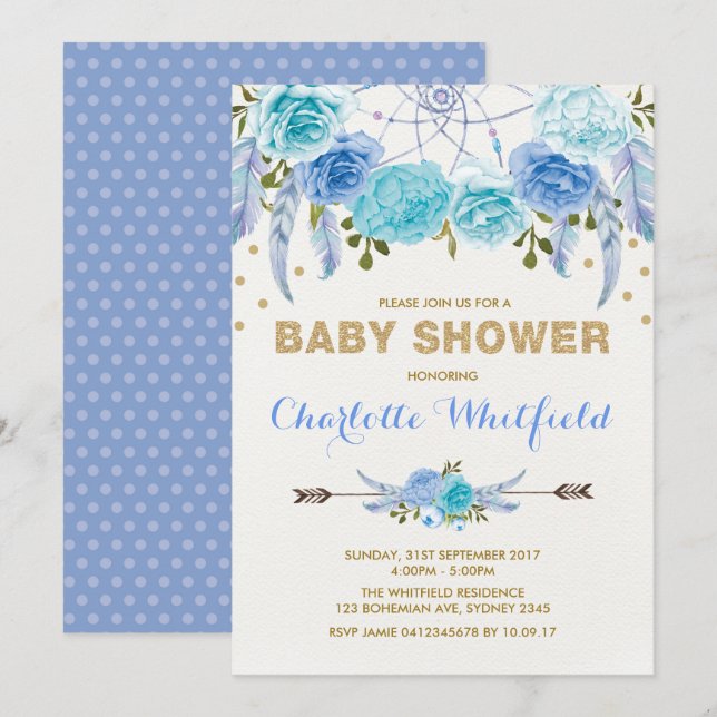 Invitación Blue Gold Boho Dreamcatcher Baby Shower (Anverso / Reverso)