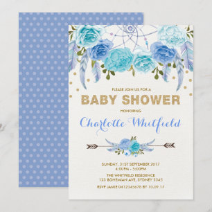 Invitación Blue Gold Boho Dreamcatcher Baby Shower