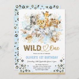 Invitación Blue Gold Boho Safari Animales salvajes de un cump
