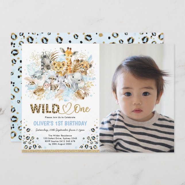 Invitación Blue Gold Boho Safari Wild One Photo Birthday (Anverso / Reverso)