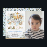 Invitación Blue Gold Boho Safari Wild One Photo Birthday<br><div class="desc">Invitación de primer cumpleaños con temática de Safari con hojas de color azul tropical y oro y un grupo de lindos animales de la jungla</div>