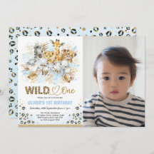 Blue Gold Boho Safari Wild One Photo Birthday