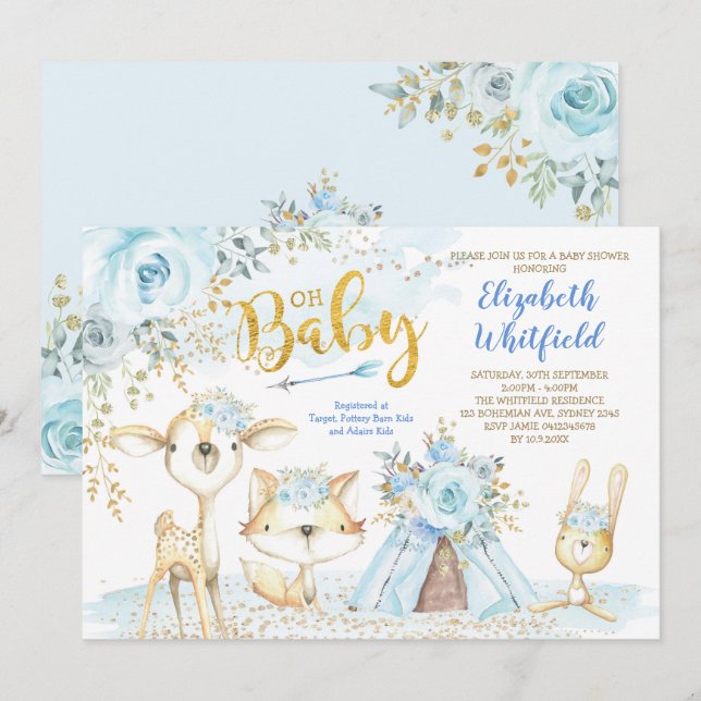 Invitación Blue Gold Boho Woodland Forest Boy Baby Shower (Anverso / Reverso)