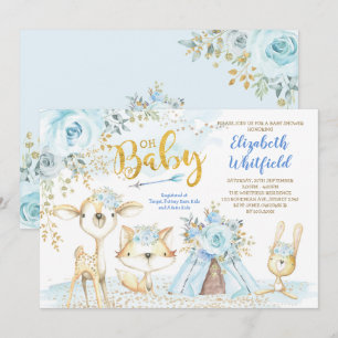 Invitación Blue Gold Boho Woodland Forest Boy Baby Shower