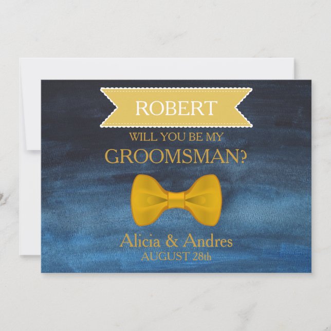 Invitación Blue & Gold Bow ¿Serás mi Groomsman? (Anverso)