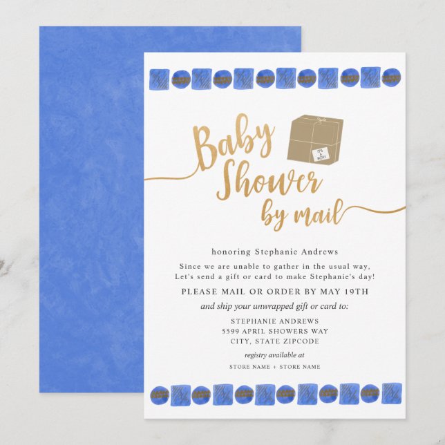Invitación Blue Gold Boy Baby Shower por correo (Anverso / Reverso)