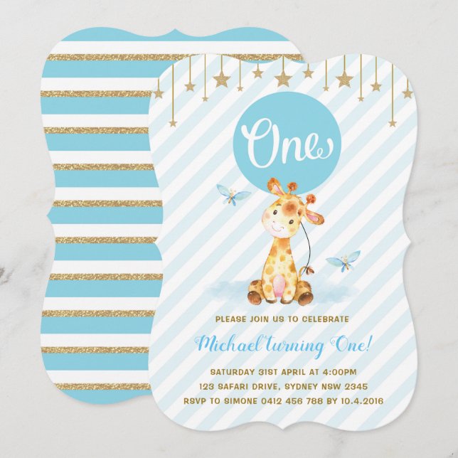 Invitación Blue Gold Boy Giraffe Primer cumpleaños Estrella d (Anverso / Reverso)