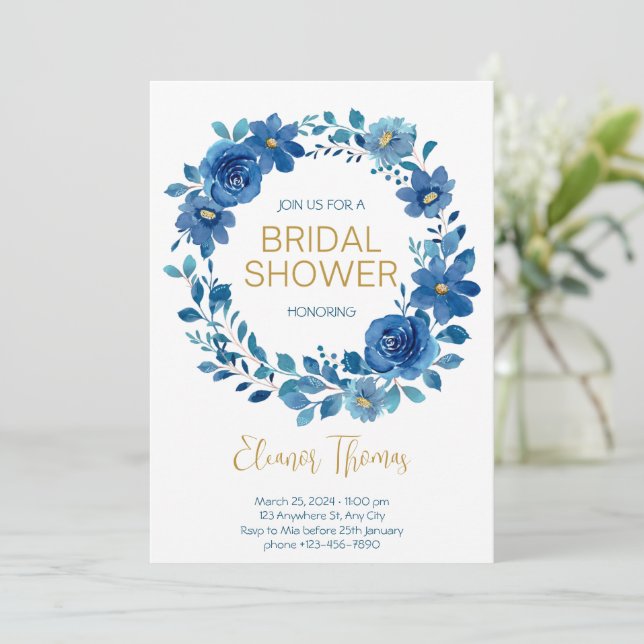 Invitación Blue Gold Bridal Shower (Anverso de pie)